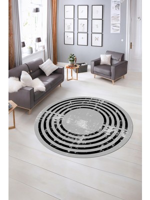 Napoli Home Dijital Kaymaz Yıkanabilir Çerçeveli Desen Yuvarlak Mutfak Salon Halısı, N-Y-Çerçeveli-15-Gri,