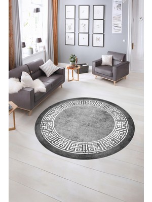 Napoli Home Dijital Kaymaz Yıkanabilir Çerçeveli Desen Yuvarlak Mutfak Salon Halısı, N-Y-Çerçeveli-36-Gri,