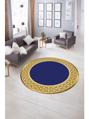 Napoli Home Dijital Kaymaz Yıkanabilir Çerçeveli Desen Yuvarlak Mutfak Salon Halısı, N-Y-Çerçeveli-29-Lacivert,