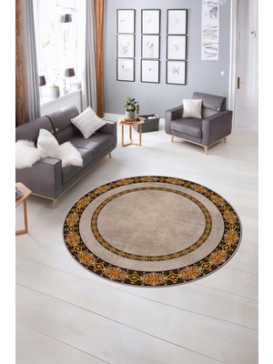 Napoli Home Dijital Kaymaz Yıkanabilir Çerçeveli Desen Yuvarlak Mutfak Salon Halısı, N-Y-Çerçeveli-48-Kahve,