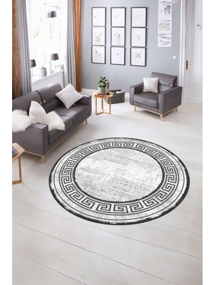 Napoli Home Dijital Kaymaz Yıkanabilir Çerçeveli Desen Yuvarlak Mutfak Salon Halısı, N-Y-Çerçeveli-09-Gri,