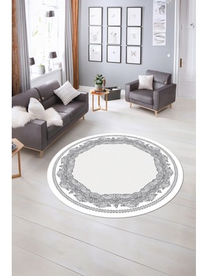 Napoli Home Dijital Kaymaz Yıkanabilir Çerçeveli Desen Yuvarlak Mutfak Salon Halısı, N-Y-Çerçeveli-34-Gri,