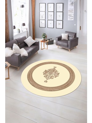 Napoli Home Dijital Kaymaz Yıkanabilir Çerçeveli Desen Yuvarlak Mutfak Salon Halısı, N-Y-Çerçeveli-46-Krem,