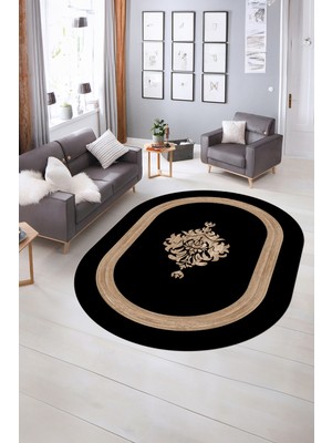 Napoli Home Dijital Kaymaz Yıkanabilir Çerçeveli Oval Yolluk Mutfak Salon Halısı, N-O-Çerçeveli-46-Siyah,