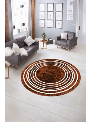 Napoli Home Dijital Kaymaz Yıkanabilir Çerçeveli Desen Yuvarlak Mutfak Salon Halısı, N-Y-Çerçeveli-08-Kahve,