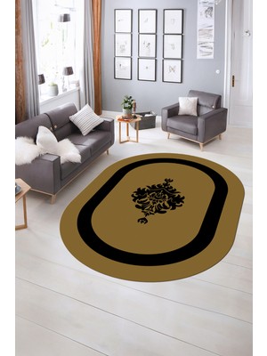Napoli Home Dijital Kaymaz Yıkanabilir Çerçeveli Oval Yolluk Mutfak Salon Halısı, N-O-Çerçeveli-46-Kahve,