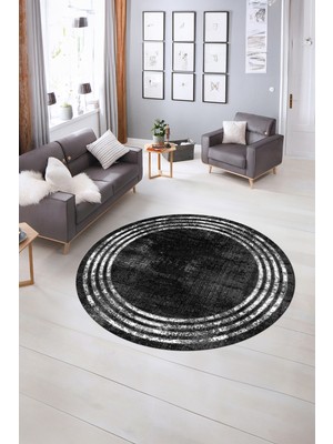 Napoli Home Dijital Kaymaz Yıkanabilir Çerçeveli Desen Yuvarlak Mutfak Salon Halısı, N-Y-Çerçeveli-32-Antrasit,