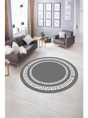 Napoli Home Dijital Kaymaz Yıkanabilir Çerçeveli Desen Yuvarlak Mutfak Salon Halısı, N-Y-Çerçeveli-47-Gri,