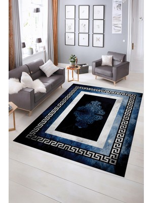 Napoli Home Dijital Baskılı Kaymaz Yıkanabilir Çerçeveli Yolluk Mutfak Salon Halısı, N-Çerçeveli-02-Mavi,