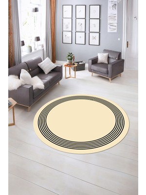 Napoli Home Dijital Kaymaz Yıkanabilir Çerçeveli Desen Yuvarlak Mutfak Salon Halısı, N-Y-Çerçeveli-45-Krem,