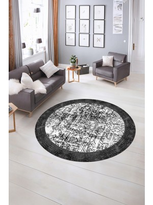 Napoli Home Dijital Kaymaz Yıkanabilir Çerçeveli Desen Yuvarlak Mutfak Salon Halısı, N-Y-Çerçeveli-16-Gri,