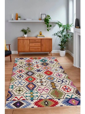 Napoli Home Dijital Baskılı Kaymaz Taban Yıkanabilir Etnik Yolluk Mutfak Salon Halısı, N-Etnik-12-Renkli,