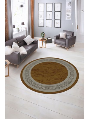 Napoli Home Dijital Kaymaz Yıkanabilir Çerçeveli Desen Yuvarlak Mutfak Salon Halısı, N-Y-Çerçeveli-28-Kahve,