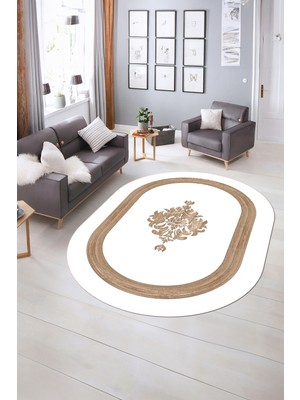 Napoli Home Dijital Kaymaz Yıkanabilir Çerçeveli Oval Yolluk Mutfak Salon Halısı, N-O-Çerçeveli-46-Beyaz,