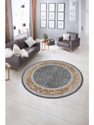 Napoli Home Dijital Kaymaz Yıkanabilir Çerçeveli Desen Yuvarlak Mutfak Salon Halısı, N-Y-Çerçeveli-21-Kahve,