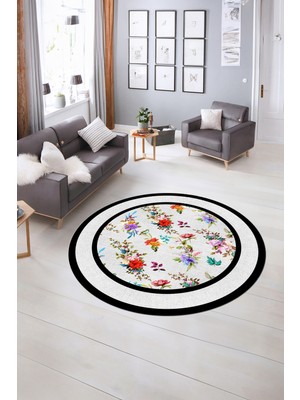 Napoli Home Dijital Kaymaz Yıkanabilir Çerçeveli Desen Yuvarlak Mutfak Salon Halısı, N-Y-Çerçeveli-27-Beyaz,