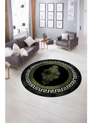 Napoli Home Dijital Kaymaz Yıkanabilir Çerçeveli Desen Yuvarlak Mutfak Salon Halısı, N-Y-Çerçeveli-02-Yeşil,