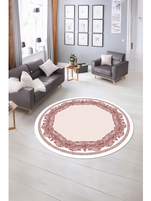 Napoli Home Dijital Kaymaz Yıkanabilir Çerçeveli Desen Yuvarlak Mutfak Salon Halısı, N-Y-Çerçeveli-34-Bordo,