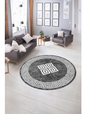 Napoli Home Dijital Kaymaz Yıkanabilir Çerçeveli Desen Yuvarlak Mutfak Salon Halısı, N-Y-Çerçeveli-01-Gri,