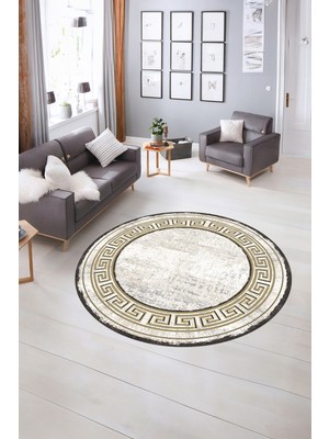 Napoli Home Dijital Kaymaz Yıkanabilir Çerçeveli Desen Yuvarlak Mutfak Salon Halısı, N-Y-Çerçeveli-09-Gold,