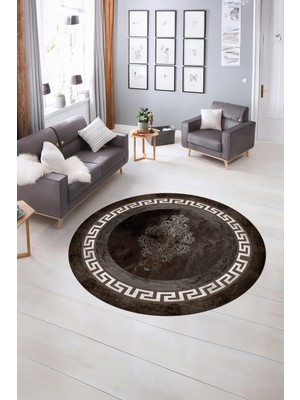 Napoli Home Dijital Kaymaz Yıkanabilir Çerçeveli Desen Yuvarlak Mutfak Salon Halısı, N-Y-Çerçeveli-02-Vizon,