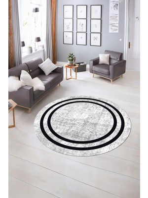 Napoli Home Dijital Kaymaz Yıkanabilir Çerçeveli Desen Yuvarlak Mutfak Salon Halısı, N-Y-Çerçeveli-30-Beyaz,
