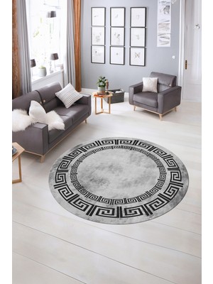Napoli Home Dijital Kaymaz Yıkanabilir Çerçeveli Desen Yuvarlak Mutfak Salon Halısı, N-Y-Çerçeveli-05-Gri,