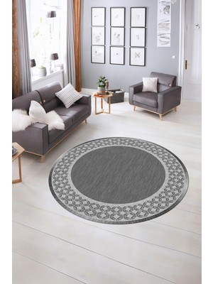 Napoli Home Dijital Kaymaz Yıkanabilir Çerçeveli Desen Yuvarlak Mutfak Salon Halısı, N-Y-Çerçeveli-29-Gri,