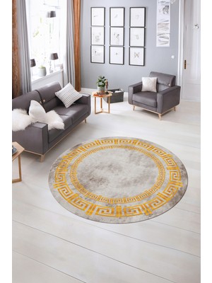 Napoli Home Dijital Kaymaz Yıkanabilir Çerçeveli Desen Yuvarlak Mutfak Salon Halısı, N-Y-Çerçeveli-05-Gold,