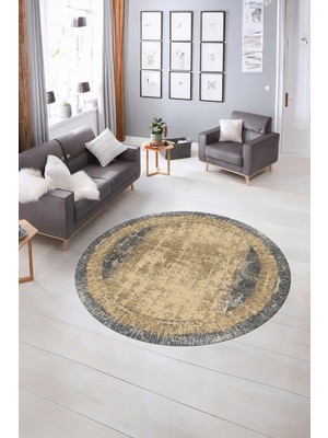 Napoli Home Dijital Kaymaz Yıkanabilir Çerçeveli Desen Yuvarlak Mutfak Salon Halısı, N-Y-Çerçeveli-14-Krem,