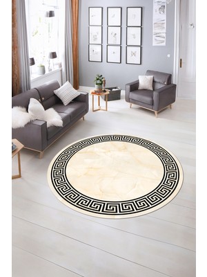 Napoli Home Dijital Kaymaz Yıkanabilir Çerçeveli Desen Yuvarlak Mutfak Salon Halısı, N-Y-Çerçeveli-17-Krem,