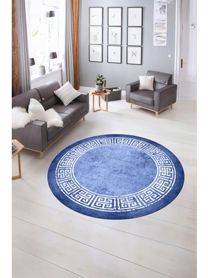 Napoli Home Dijital Kaymaz Yıkanabilir Çerçeveli Desen Yuvarlak Mutfak Salon Halısı, N-Y-Çerçeveli-36-Mavi,
