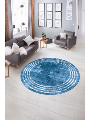 Napoli Home Dijital Kaymaz Yıkanabilir Çerçeveli Desen Yuvarlak Mutfak Salon Halısı, N-Y-Çerçeveli-32-Mavi,