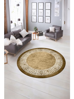 Napoli Home Dijital Kaymaz Yıkanabilir Çerçeveli Desen Yuvarlak Mutfak Salon Halısı, N-Y-Çerçeveli-36-Kahve,