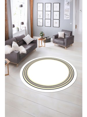 Napoli Home Dijital Kaymaz Yıkanabilir Çerçeveli Desen Yuvarlak Mutfak Salon Halısı, N-Y-Çerçeveli-45-Beyaz,