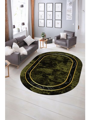 Napoli Home Dijital Kaymaz Yıkanabilir Çerçeveli Oval Yolluk Mutfak Salon Halısı, N-O-Çerçeveli-18-Yeşil,