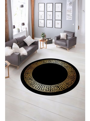 Napoli Home Dijital Kaymaz Yıkanabilir Çerçeveli Desen Yuvarlak Mutfak Salon Halısı, N-Y-Çerçeveli-36-Siyah,