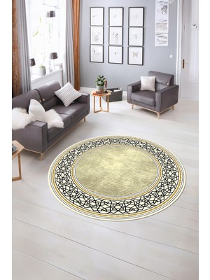 Napoli Home Dijital Kaymaz Yıkanabilir Çerçeveli Desen Yuvarlak Mutfak Salon Halısı, N-Y-Çerçeveli-35-Krem,