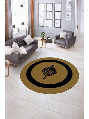 Napoli Home Dijital Kaymaz Yıkanabilir Çerçeveli Desen Yuvarlak Mutfak Salon Halısı, N-Y-Çerçeveli-46-Kahve,