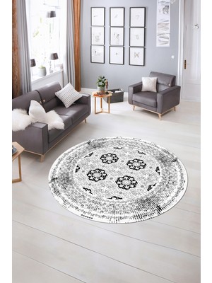 Napoli Home Dijital Kaymaz Yıkanabilir Çerçeveli Desen Yuvarlak Mutfak Salon Halısı, N-Y-Çerçeveli-26-Beyaz,
