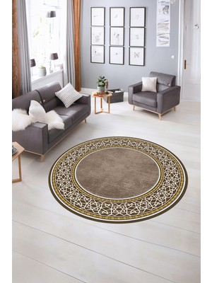 Napoli Home Dijital Kaymaz Yıkanabilir Çerçeveli Desen Yuvarlak Mutfak Salon Halısı, N-Y-Çerçeveli-35-Kahve,