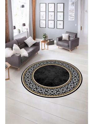 Napoli Home Dijital Kaymaz Yıkanabilir Çerçeveli Desen Yuvarlak Mutfak Salon Halısı, N-Y-Çerçeveli-35-Siyah,
