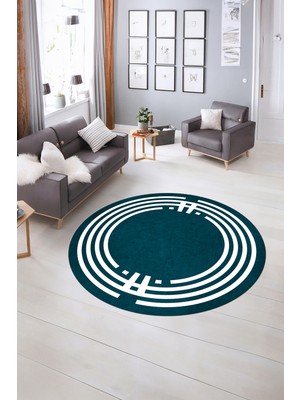Napoli Home Dijital Kaymaz Yıkanabilir Çerçeveli Desen Yuvarlak Mutfak Salon Halısı, N-Y-Çerçeveli-44-Turkuaz,