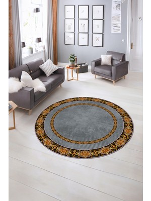 Napoli Home Dijital Kaymaz Yıkanabilir Çerçeveli Desen Yuvarlak Mutfak Salon Halısı, N-Y-Çerçeveli-48-Gri,