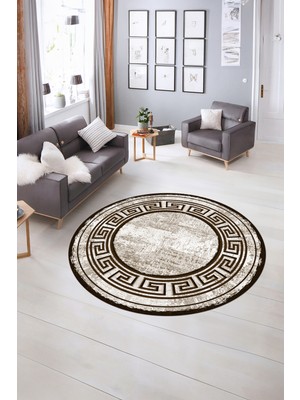 Napoli Home Dijital Kaymaz Yıkanabilir Çerçeveli Desen Yuvarlak Mutfak Salon Halısı, N-Y-Çerçeveli-09-Kahve,