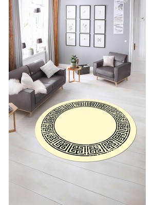 Napoli Home Dijital Kaymaz Yıkanabilir Çerçeveli Desen Yuvarlak Mutfak Salon Halısı, N-Y-Çerçeveli-36-Krem,