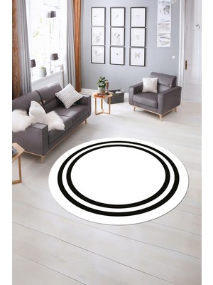 Napoli Home Dijital Kaymaz Yıkanabilir Çerçeveli Desen Yuvarlak Mutfak Salon Halısı, N-Y-Çerçeveli-38-Beyaz,