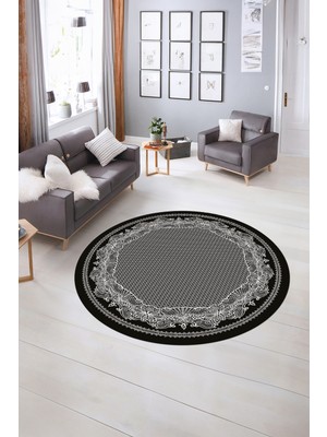Napoli Home Dijital Kaymaz Yıkanabilir Çerçeveli Desen Yuvarlak Mutfak Salon Halısı, N-Y-Çerçeveli-34-Siyah,