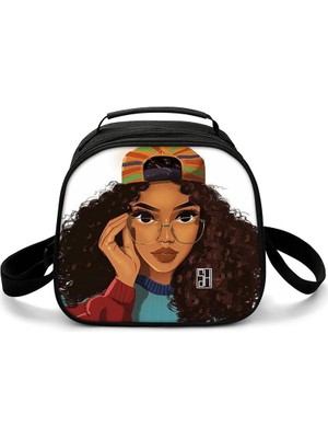 Yuying Shop Beyaz Stil Harajuku Yenilik Serin Afrika Kızlar 3D Baskılı Crossbody Çanta Yarım Daire Yemek Kabı Okul Gıda Öğle Yemeği Çantası Buz Torbaları (Yurt Dışından)