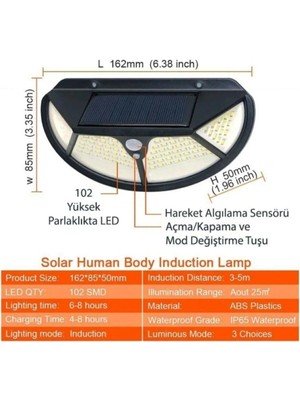 Obrigado Beyaz Hareket Sensörlü Solar Güneş Enerjili Su Geçirmez LED Aydınlatma Dış Mekan Bahçe 102 LED Li L